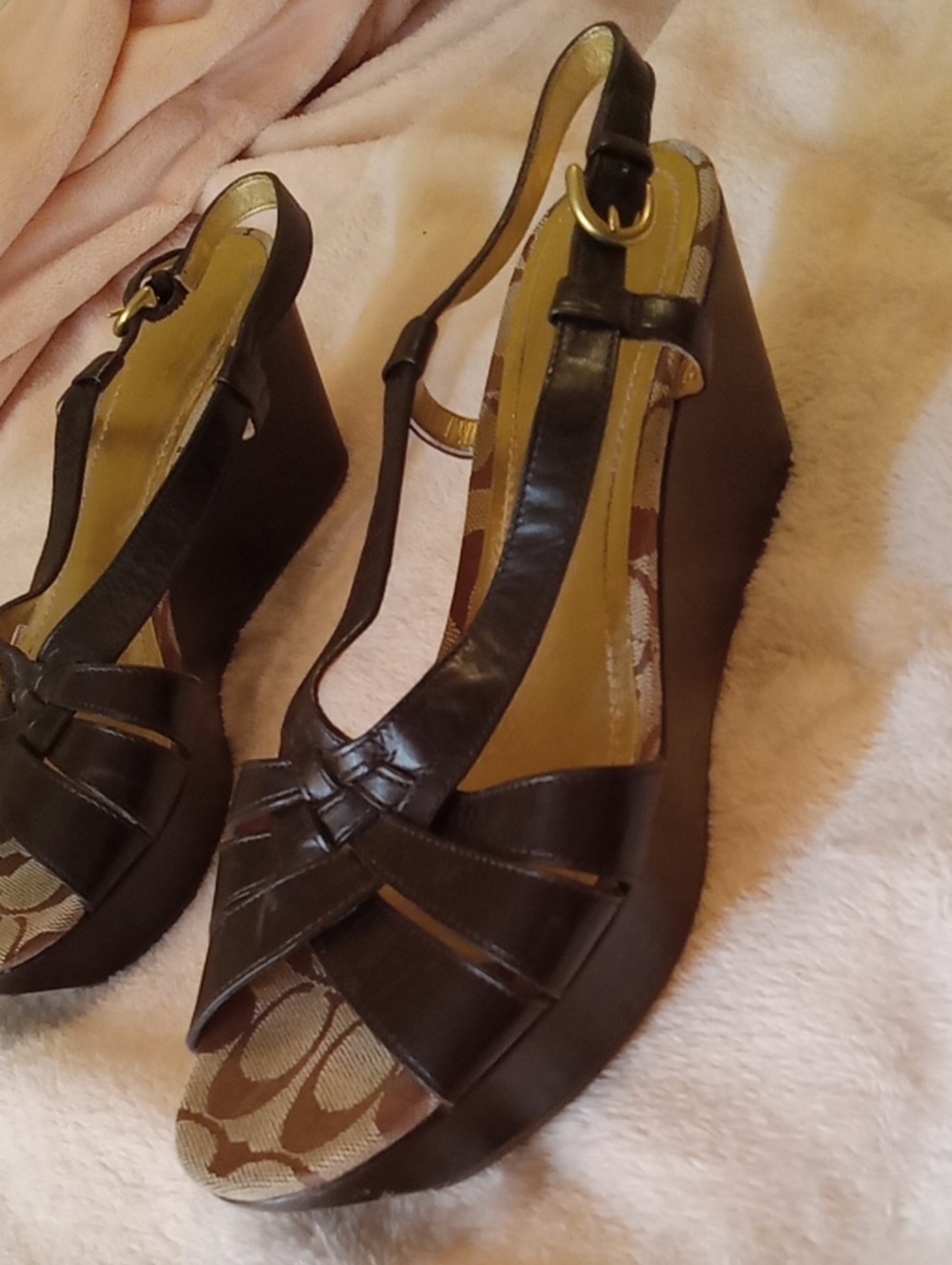 COACH Mollie Leather Signature Canvas Platform Wedge Sandals Size 9B